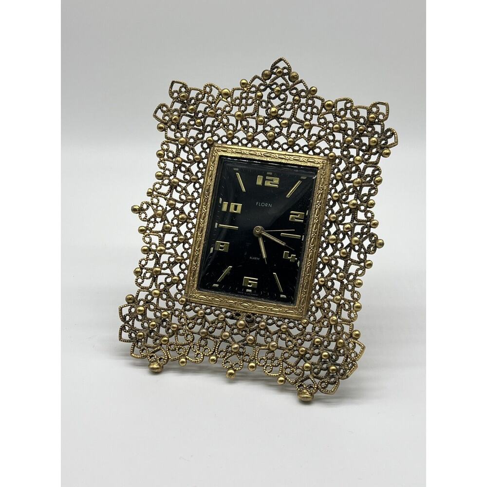 FLORN Gold Gilt Ornate Wind Alarm Clock Germany Vintage Heart Design Not Tested